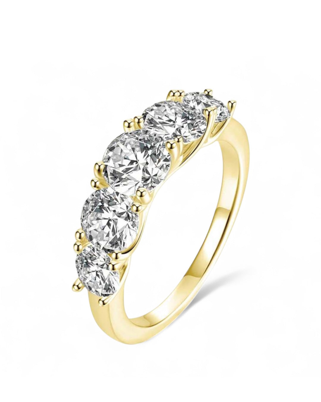 Meia Aliança Aparador Lumiére com 5 Pedras em Moissanite com corte redondo,Prata 925, cor D-E, pureza VVS1, com pedras de 6,5mm, 6mm e 5mm, acompanhada de Certificado GRA da pedra central de 6,5mm. Prata 925 banho ouro Branco 18 K e Ouro Amarelo 18 k
