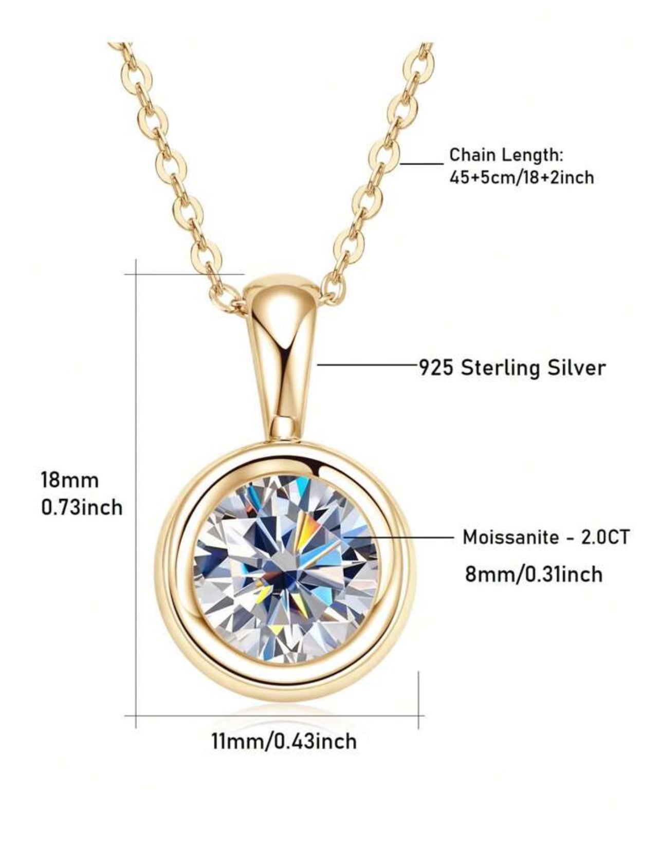Colar Ponto de Luz Encapado Lumiére Moissanite Clássico cordão Elo Prata 925 Banho de Ouro 18 k Dourado - 2ct  8mm