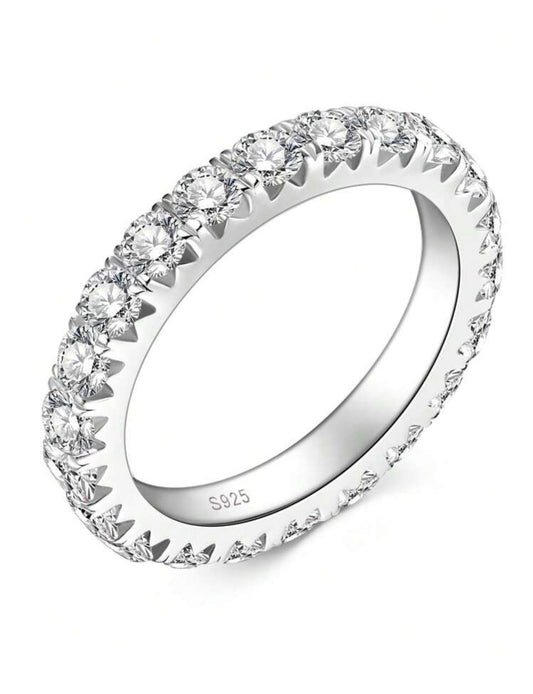 Aliança Completa 3mm com Moissanite Cor D de Corte Redondo de 3mm para Mulheres, Anel de Prata 925 Prata , Certificado GRA Moissanite de 3mm