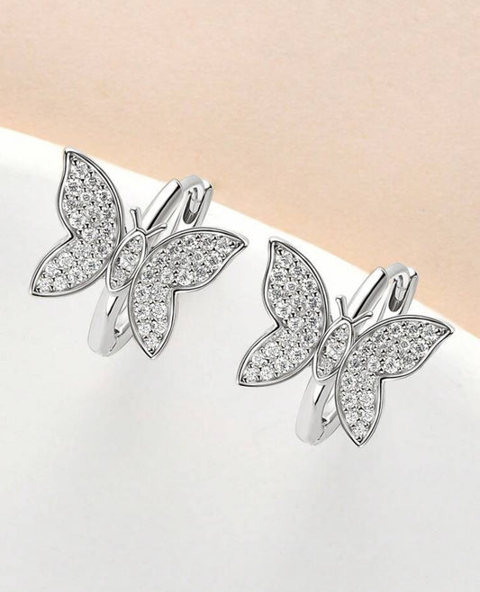 1 Par de Brincos Borboleta em Moissanite Cravejada confeccionadas em Prata 925 com Banho em Ouro Branco 18K