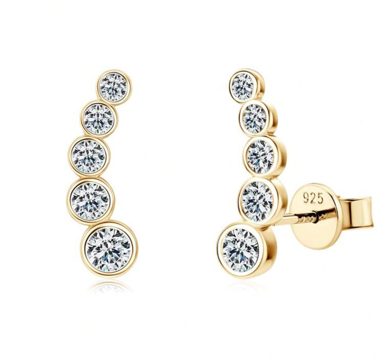 1 Par de Brincos Stella de Prata 925 com Banho de Ouro Dourado 18 k, Pedras em Moissanite 3,5mm, 3mm, 2,5mm, 2,2mm e 2mm