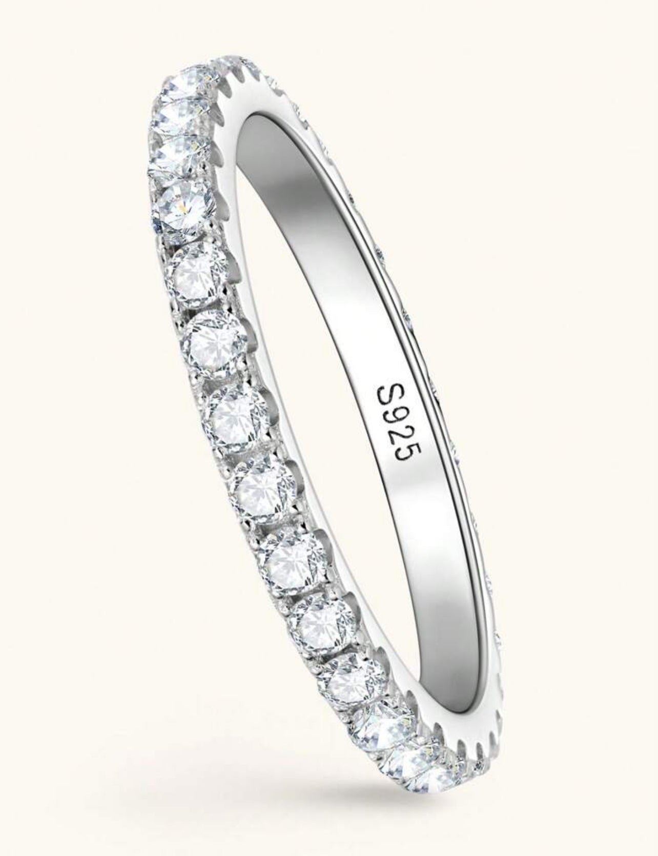 Aliança Completa 2mm com Moissanite Cor D de Corte Redondo de 2mm para Mulheres, Anel de Prata 925 Prata , Certificado GRA Moissanite de 2mm