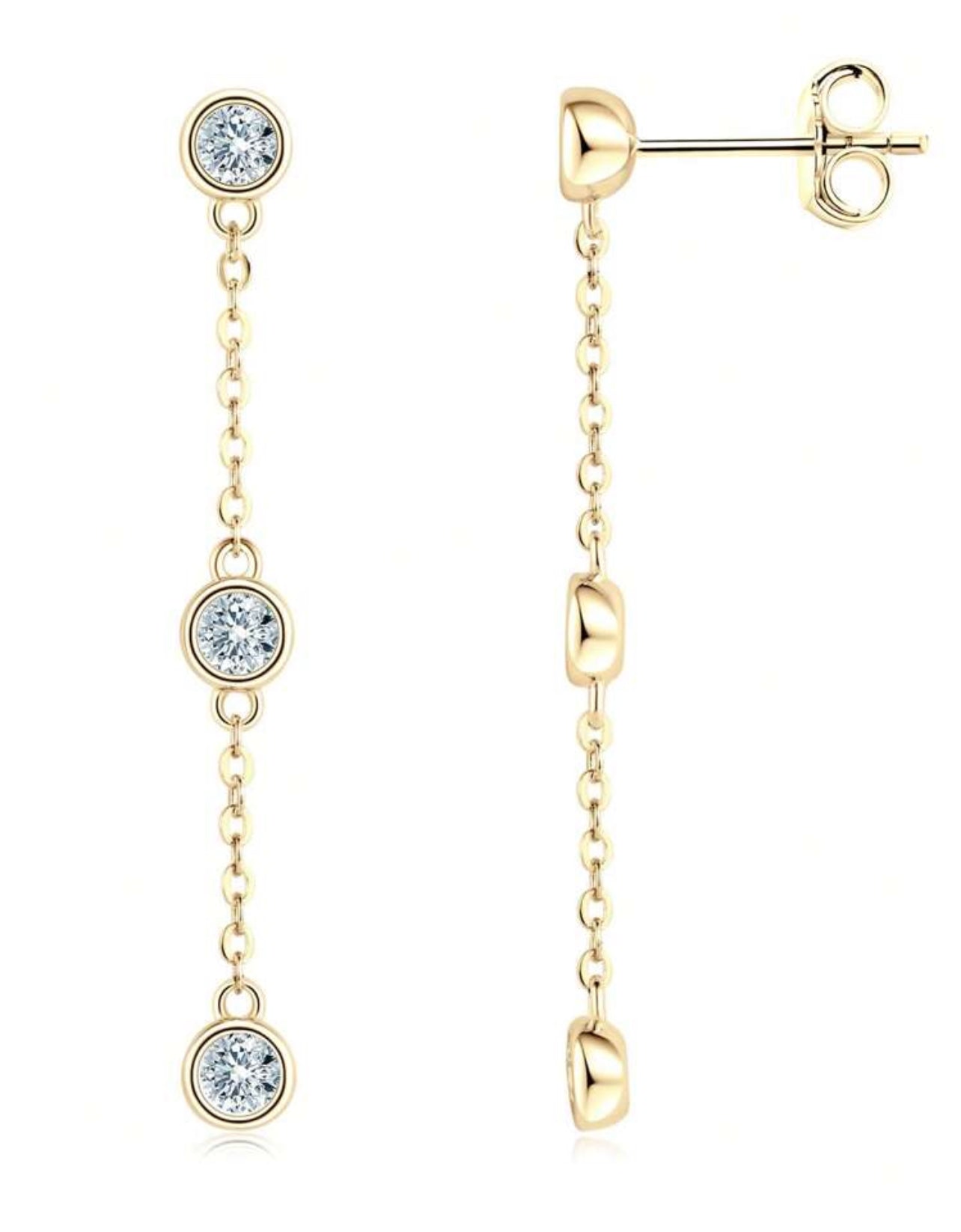 1 Par de Brincos Cascata de Luz em Moissanite confeccionadas em Prata 925 com banho em Ouro Dourado 18K - 3 mm cada pedra