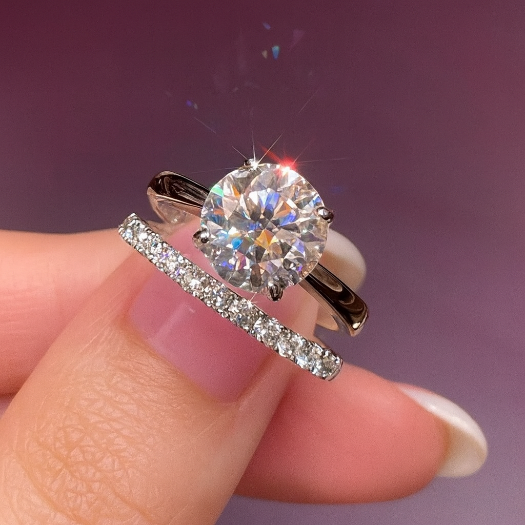 Dupla de Solitário e Aparador em Moissanite, Prata 925, cor D-E, pureza VVS1. Solitário 2ct (8mm) + Aparador 0,03ct (2mm), ambos com Certificado GRA. Compre e ganhe