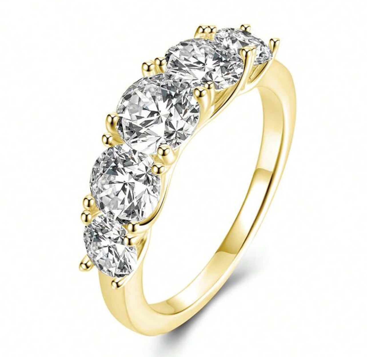Meia Aliança Aparador Lumiére com 5 Pedras em Moissanite com corte redondo,Prata 925, cor D-E, pureza VVS1, com pedras de 6,5mm, 6mm e 5mm, acompanhada de Certificado GRA da pedra central de 6,5mm. Prata 925 banho ouro Branco 18 K e Ouro Amarelo 18 k