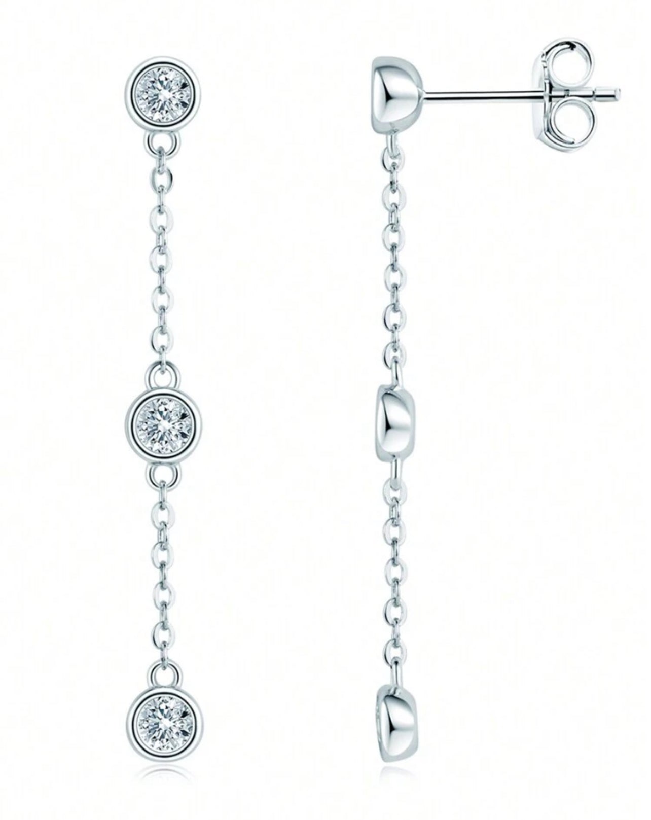1 Par de Brincos Cascata de Luz em Moissanite confeccionadas em Prata 925 com banho em Ouro Branco 18K - 3 mm cada pedra