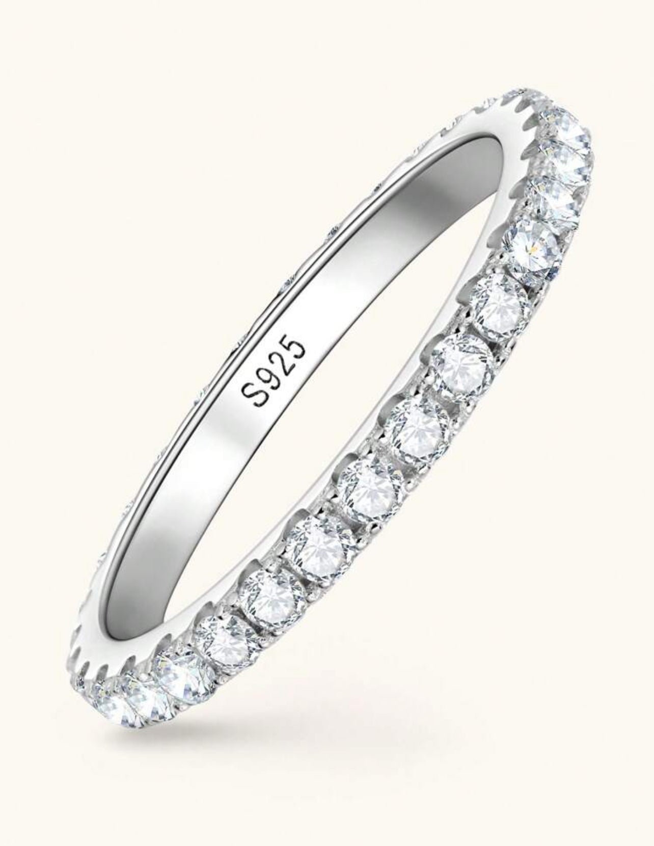 Aliança Completa 2mm com Moissanite Cor D de Corte Redondo de 2mm para Mulheres, Anel de Prata 925 Prata , Certificado GRA Moissanite de 2mm