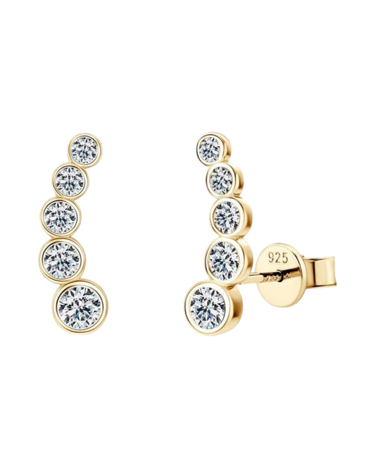 1 Par de Brincos Stella de Prata 925 com Banho de Ouro Dourado 18 k, Pedras em Moissanite 3,5mm, 3mm, 2,5mm, 2,2mm e 2mm