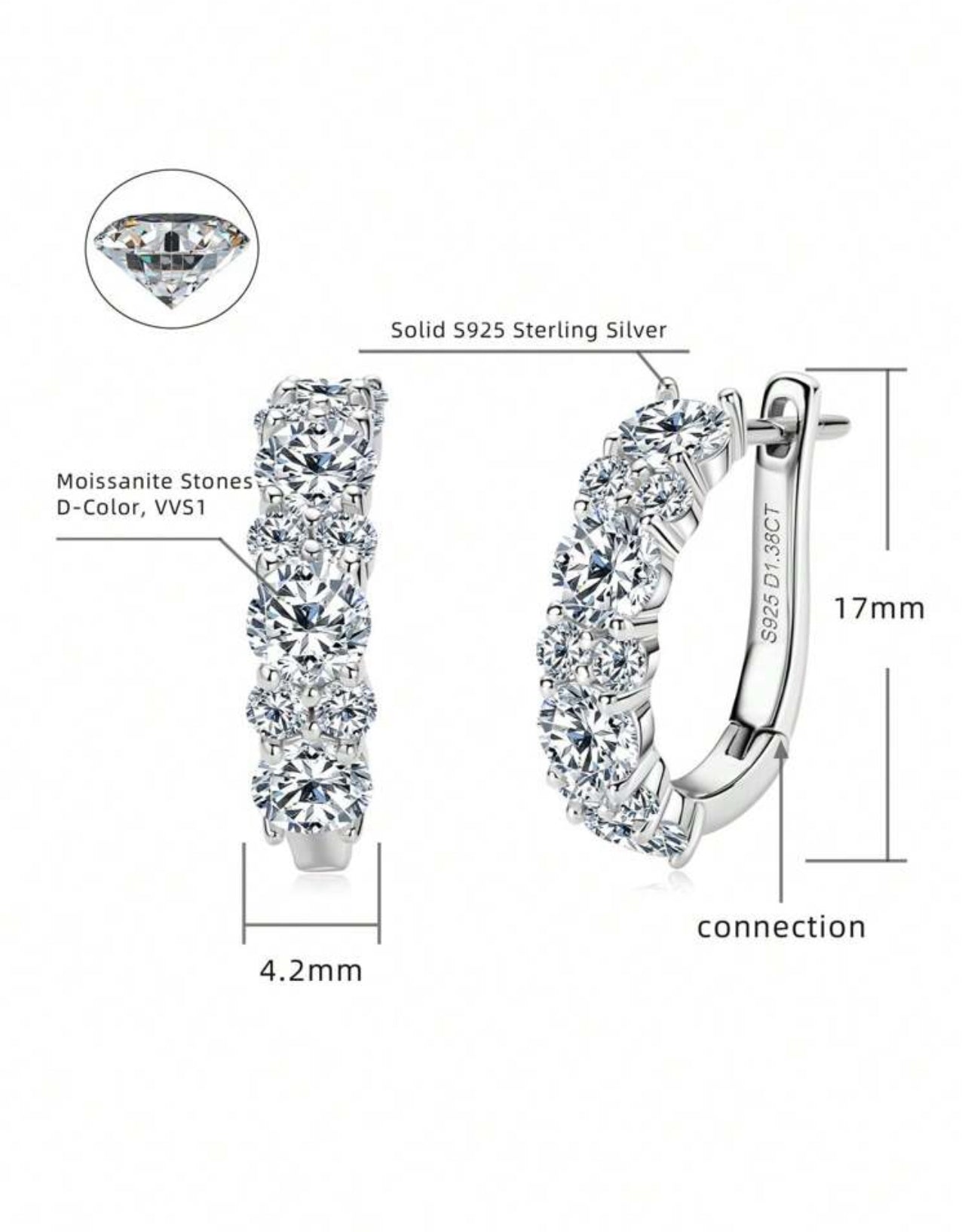1 Par de Brincos Aurora Moissanita para Mulheres Prata 925 com Banho em ouro Branco 18k Corte Redondo de 4mm e 2mm Brincos Argola de Moissanita