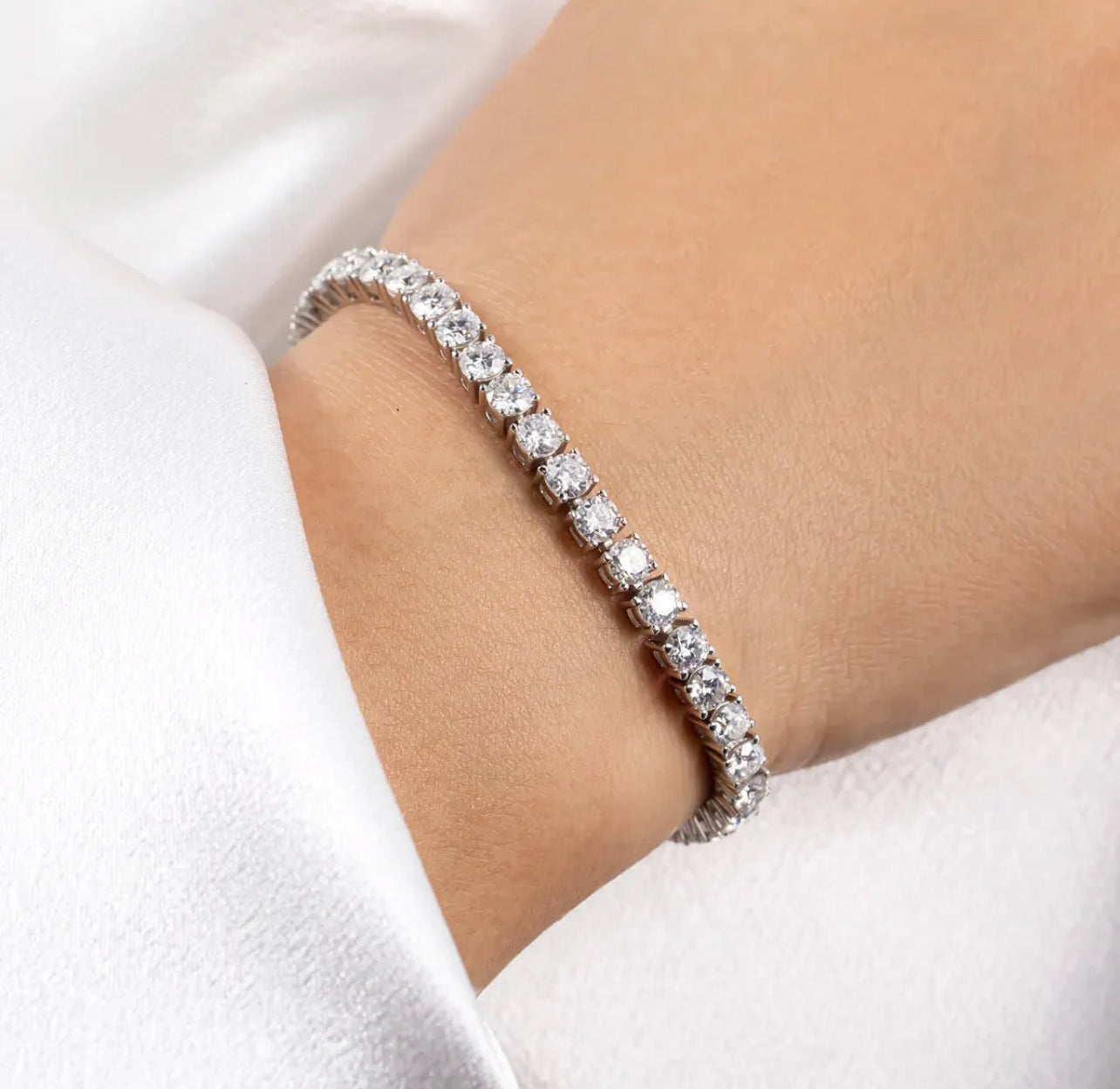 Pulseira Riviera Moissanite Clássico 4mm Prata 925 Banho de Ouro 18k Branco