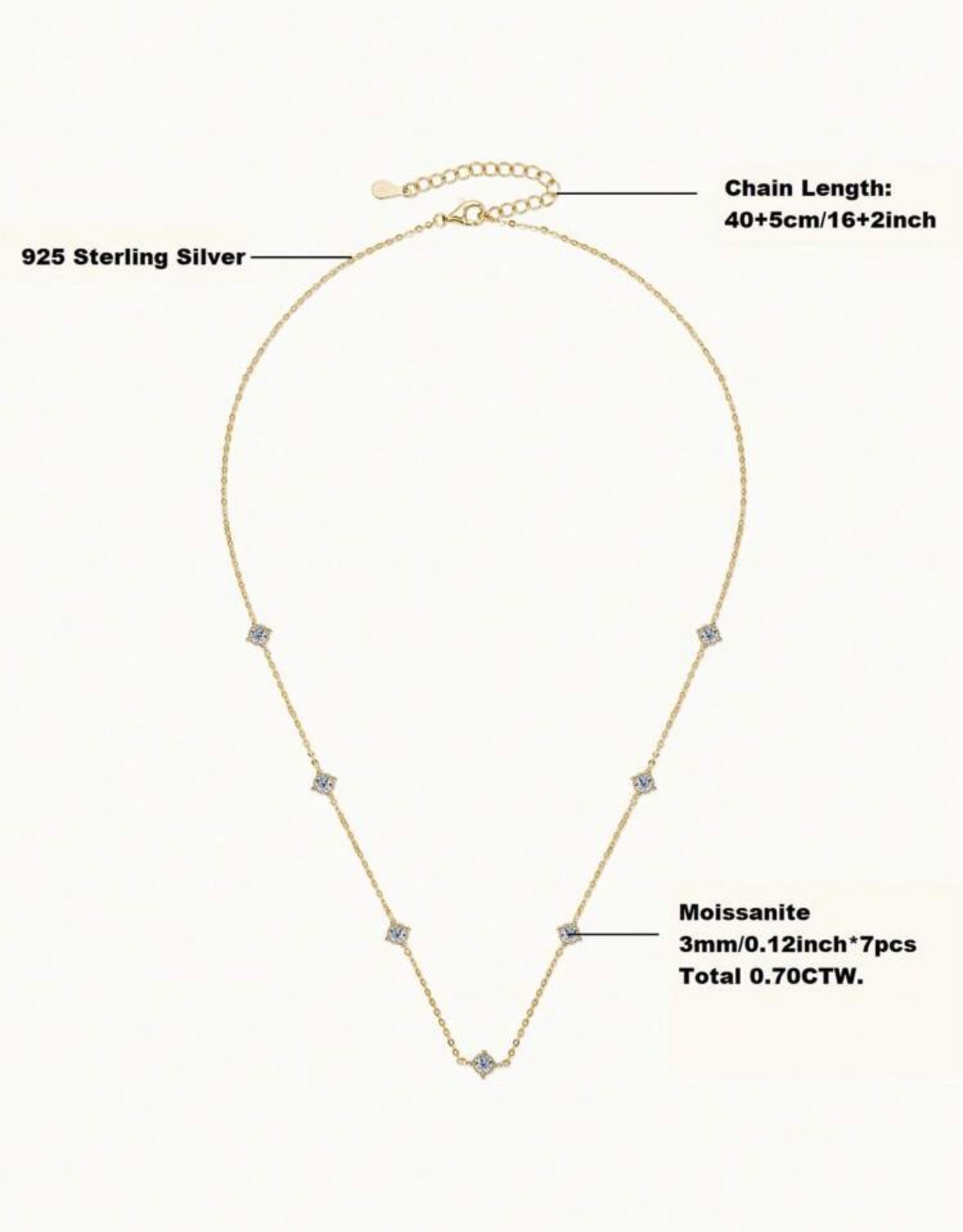 Colar Constelação em Prata 925 com Banho em ouro Dourado 18 k com 7 moissanitas de 3 mm (0,12 ct cada), somando juntas 0,70 ct no total.