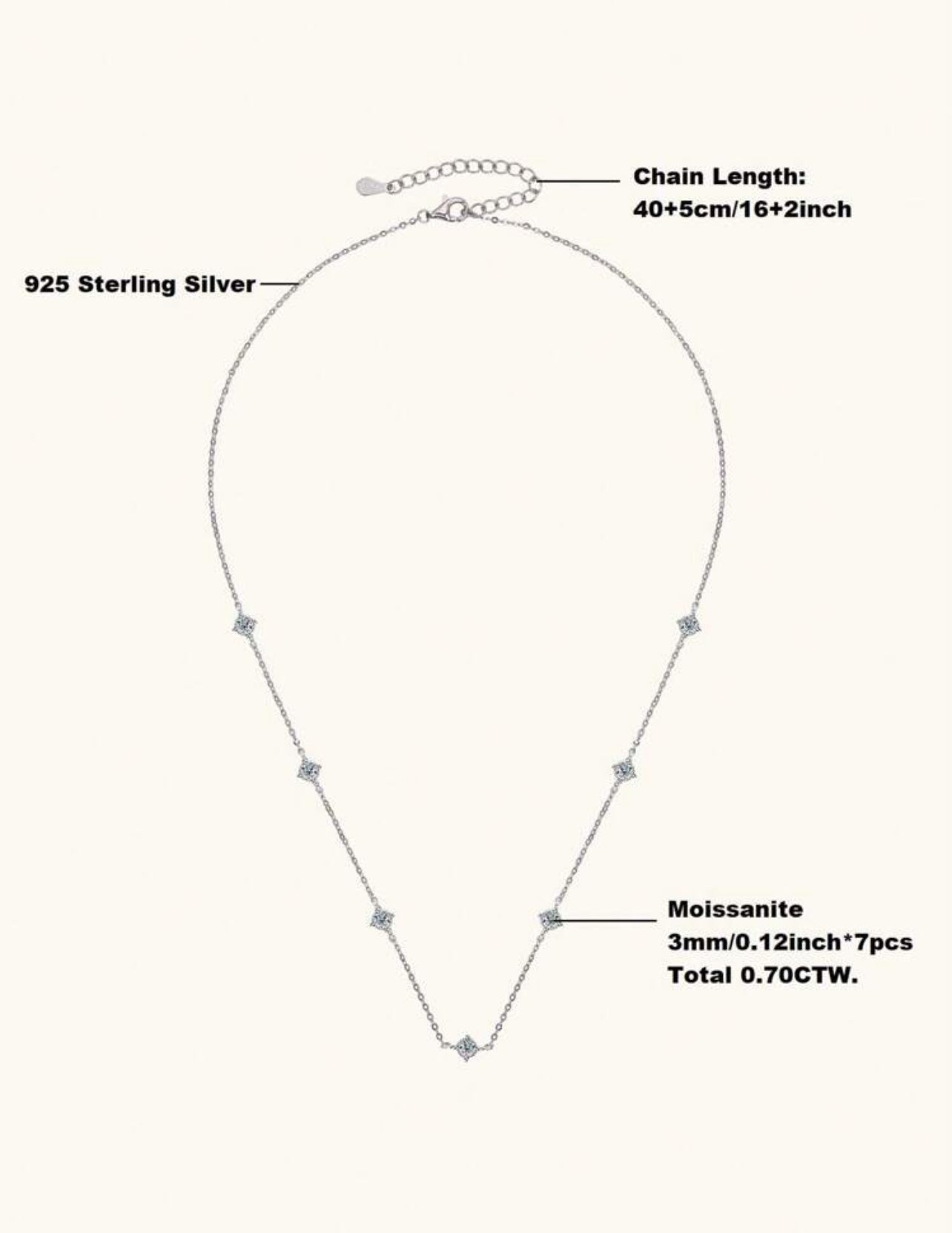 Colar Constelação em Prata 925 com Banho em ouro Branco 18 k com 7 moissanitas de 3 mm (0,12 ct cada), somando juntas 0,70 ct no total.
