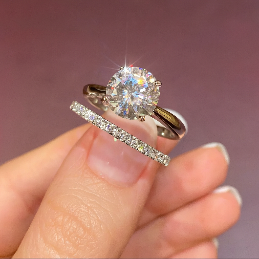 Dupla de Solitário e Aparador em Moissanite, Prata 925, cor D-E, pureza VVS1. Solitário 2ct (8mm) + Aparador 0,03ct (2mm), ambos com Certificado GRA. Compre e ganhe