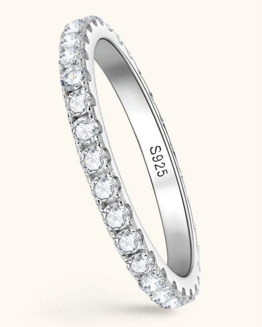 Aliança Completa 2mm com Moissanite Cor D de Corte Redondo de 2mm para Mulheres, Anel de Prata 925 Prata , Certificado GRA Moissanite de 2mm